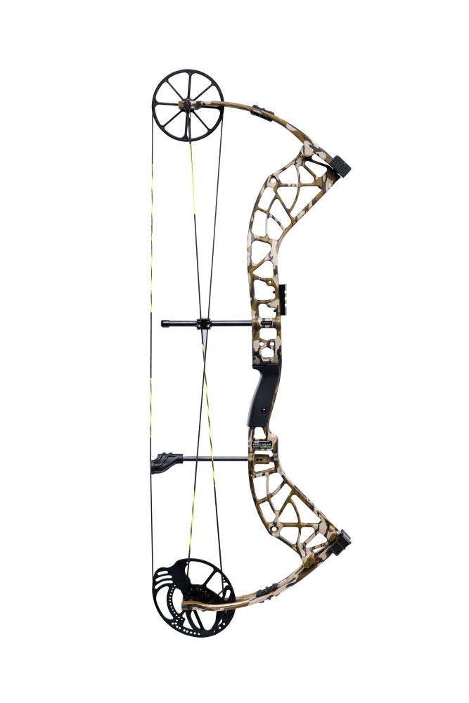 Side view of Bear Archery Adapt 2 hunting bow in color Mossy Oak Bottomland highlighting its single cam system.