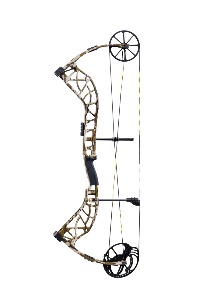 Side view of Bear Archery Adapt 2 hunting bow in color Mossy Oak Bottomland highlighting its single cam system.