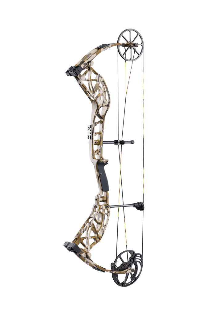 Side view of Bear Archery Adapt 2 compound bow in color Mossy Oak Bottomland showcasing its single cam system.