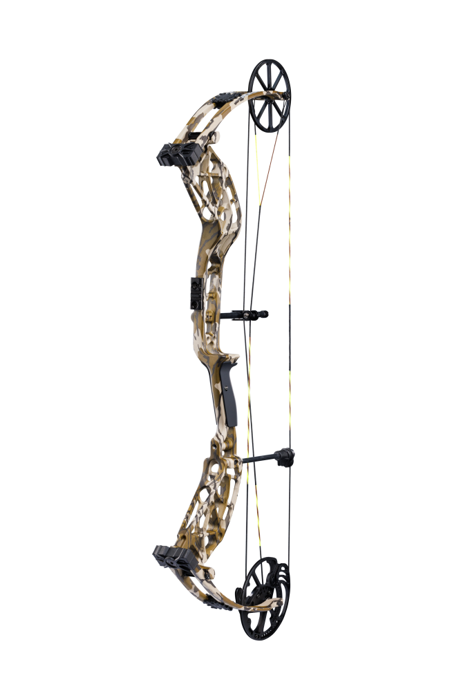 Angled view of the Bear Archery Adapt 2 bow only featuring its 31-inch axel-to-axel length.