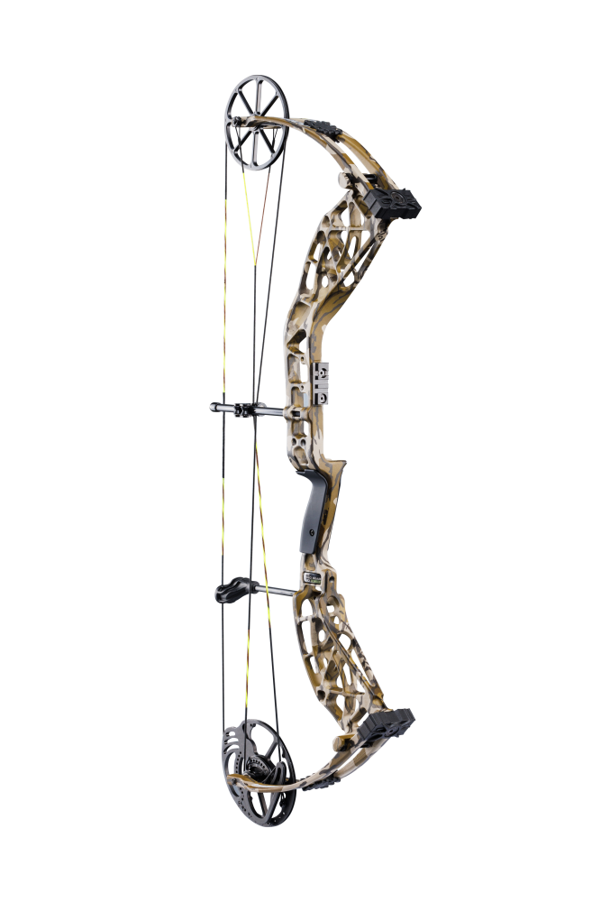 Side view showcasing Bear Archery Adapt 2 single cam bow in color Mossy Oak Bottomland.