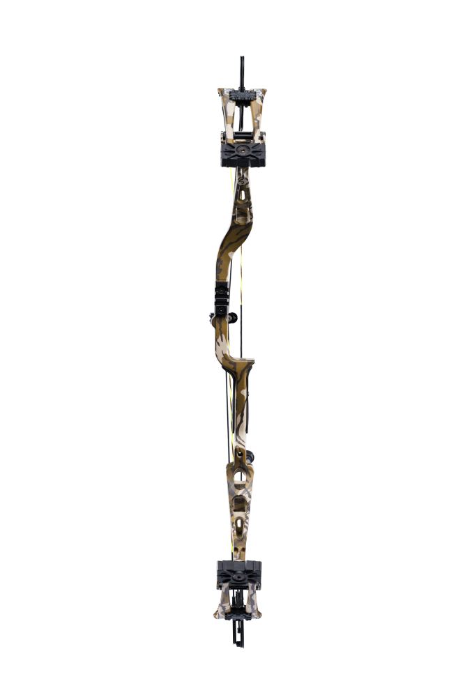 Front view of the Bear Archery Adapt 2 hunting bow with a 31” axel-to-axel and a sleek modern finish in color Mossy Oak Bottomland.