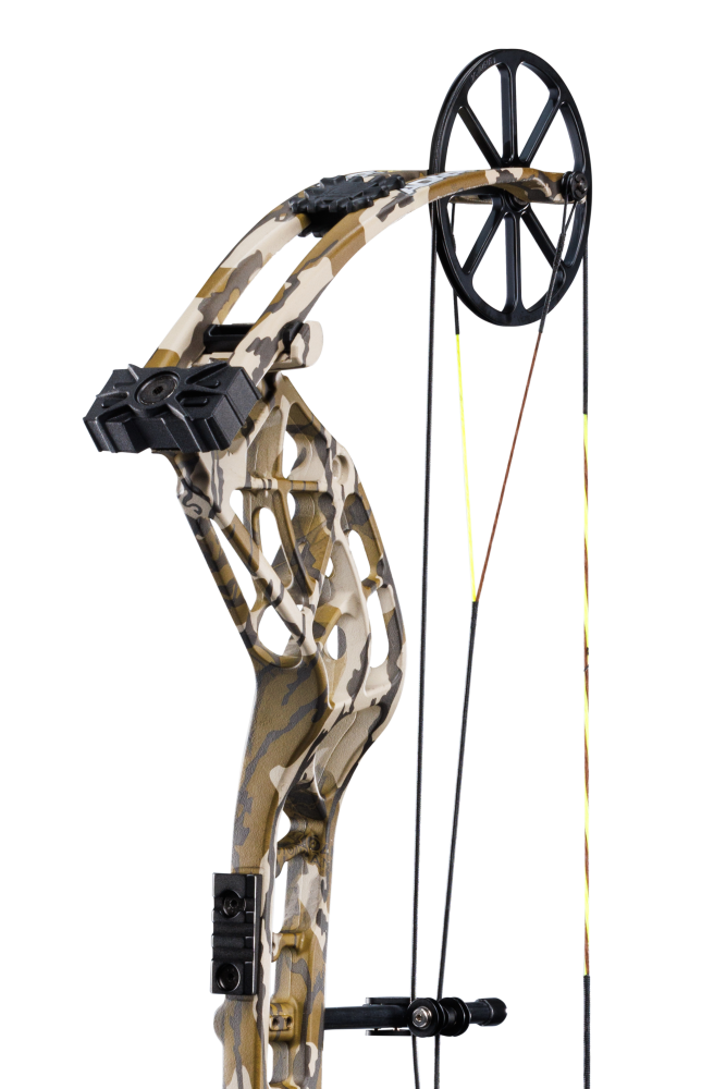 Close up of the Bear Archery Adapt 2 hunting bow limbs and single cam system.