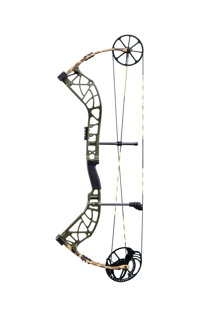 Side view of Bear Archery Adapt 2 hunting bow in color Throwback Green highlighting its single cam system.