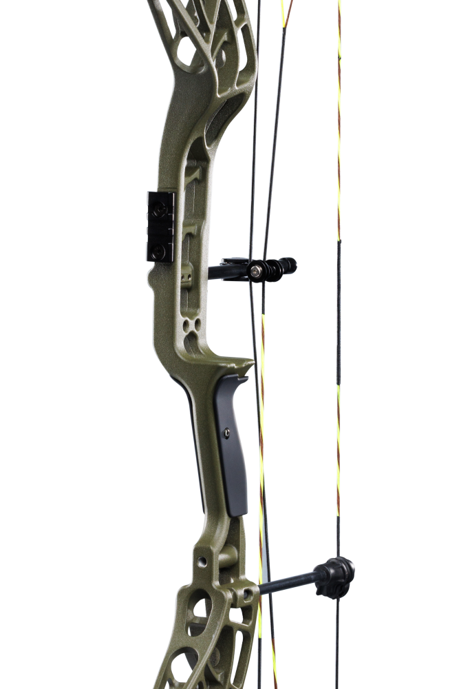 Close up of the Integrate Mounting System ® rest and picatinny sight mounting positions on the Bear Archery Adapt 2 bow-only.