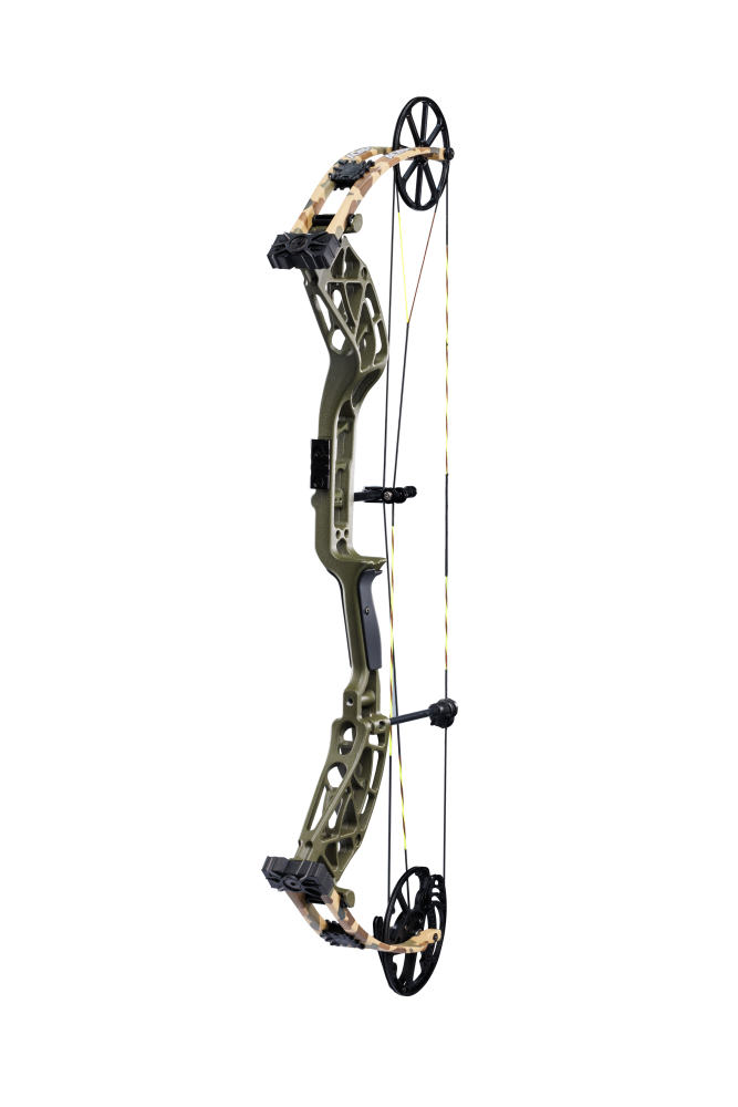 Side view of Bear Archery Adapt 2 hunting bow in color Throwback Green highlighting its single cam system.