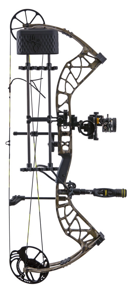 Side view showcasing Bear Adapt 2 Plus RTH hunting bow in color Mossy Oak Bottomland featuring Trophy Ridge accessories: SWFT DUO sight, VRSA Light Quiver, peep sight, d-loop, and Hitman stabilizer.