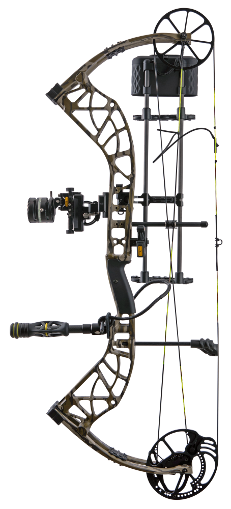 Side view showcasing Bear Adapt 2 Plus RTH single cam bow in color Mossy Oak Bottomland equipped with upgraded ready-to-hunt accessories from Trophy Ridge.