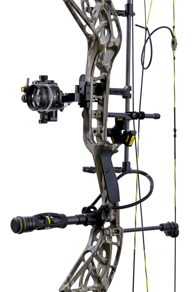 Close up of the Bear Adapt 2 Plus RTH hunting bow riser in color Mossy Oak Bottomland featuring Trophy Ridge ready-to-hunt accessories.