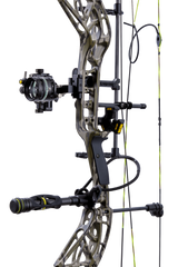 Close up of the Bear Adapt 2 Plus RTH hunting bow riser in color Mossy Oak Bottomland featuring Trophy Ridge ready-to-hunt accessories.