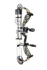 Side view showcasing Bear Adapt 2 Plus RTH hunting bow in color Throwback Green featuring Trophy Ridge accessories: SWFT DUO sight, VRSA Light Quiver, peep sight, d-loop, and Hitman stabilizer.