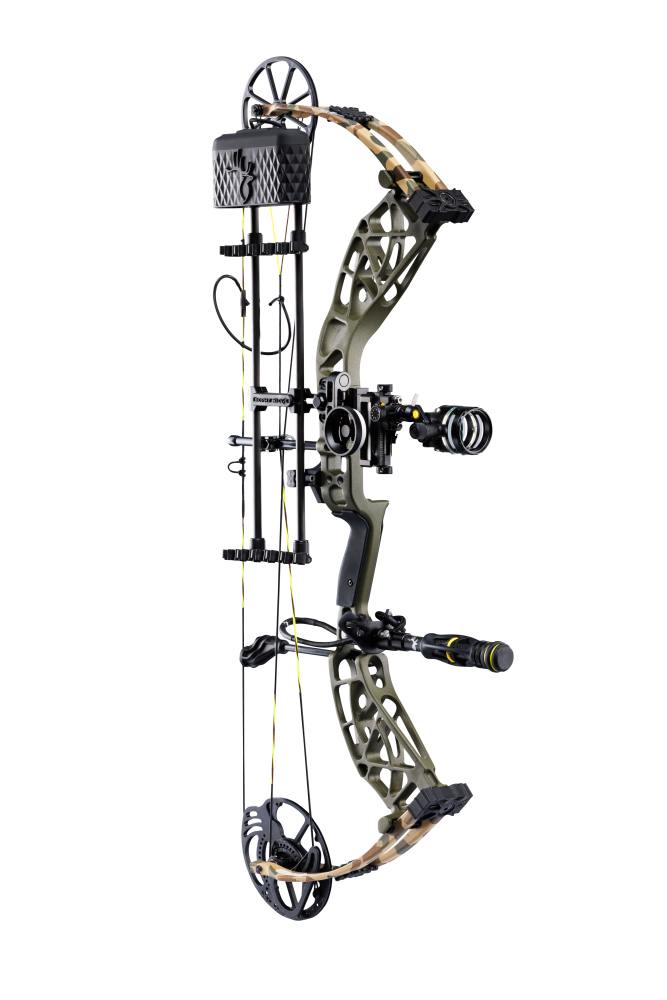 Side view showcasing Bear Adapt 2 Plus RTH hunting bow in color Throwback Green featuring Trophy Ridge accessories: SWFT DUO sight, VRSA Light Quiver, peep sight, d-loop, and Hitman stabilizer.