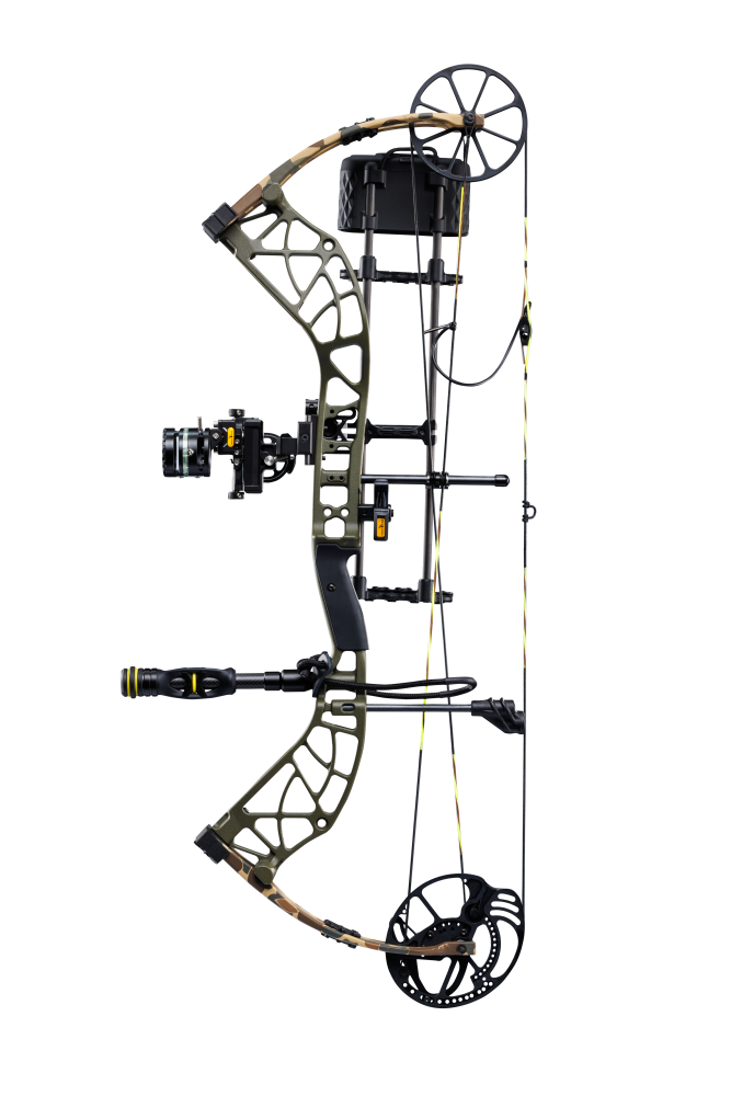 Side view showcasing Bear Adapt 2 Plus RTH single cam bow in color Throwback Green equipped with upgraded ready-to-hunt accessories from Trophy Ridge.