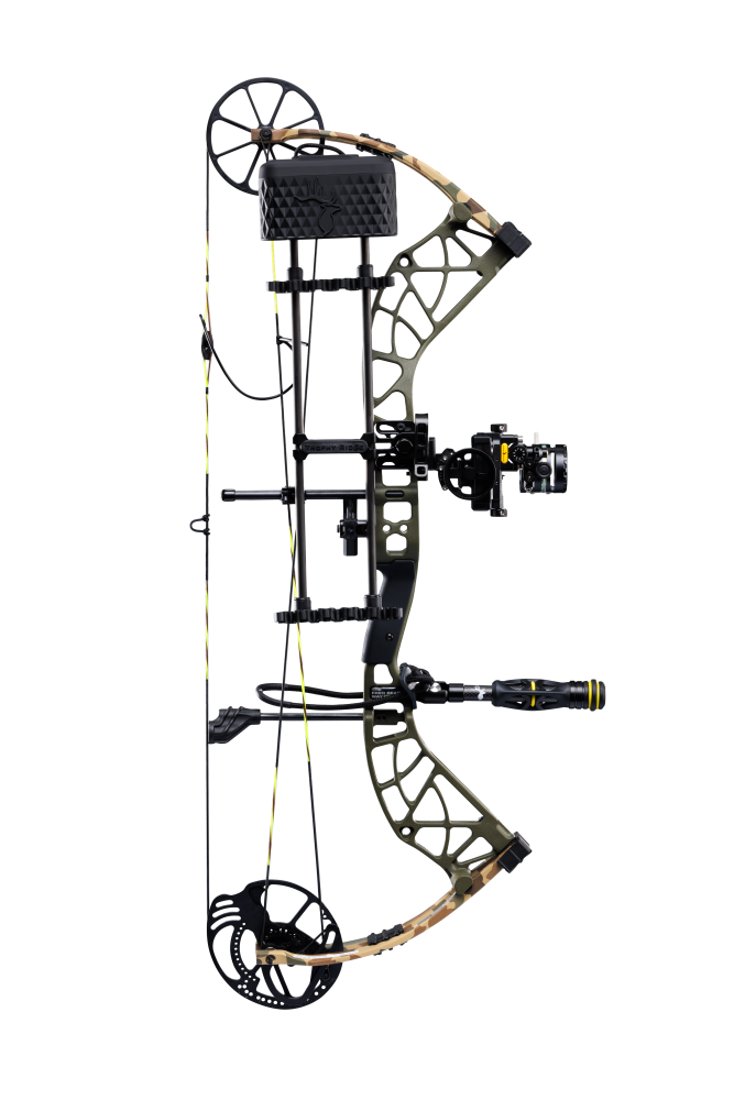 Side view of Bear Adapt 2 Plus RTH compound bow in color Throwback Green showcasing its single cam system and Trophy Ridge ready-to-hunt accessories.