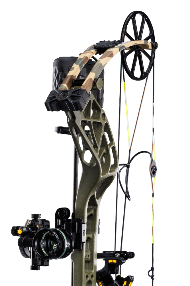 Close up of the Bear Adapt 2 Plus RTH hunting bow limbs and single cam system.