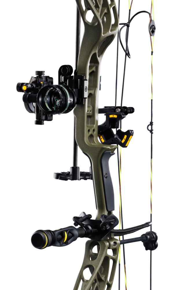 Close up of the Bear Adapt 2 Plus RTH hunting bow riser in color Throwback Green featuring Trophy Ridge ready-to-hunt accessories.