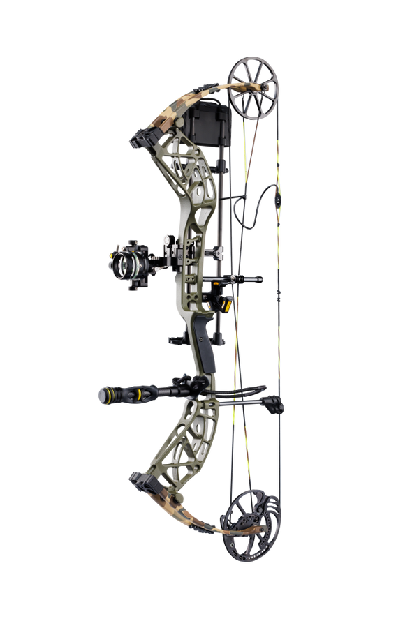 Side view showcasing Bear Adapt 2 Plus RTH hunting bow in color Throwback Green featuring Trophy Ridge accessories: SWFT DUO sight, VRSA Light Quiver, peep sight, d-loop, and Hitman stabilizer 