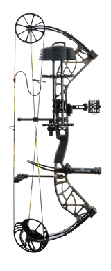 Side view of Bear Adapt 2 RTH compound bow in color True Timber Strata showcasing its single cam system and Trophy Ridge ready-to-hunt accessories.