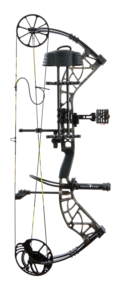 Side view of Bear Adapt 2 RTH compound bow in color True Timber Strata showcasing its single cam system and Trophy Ridge ready-to-hunt accessories.