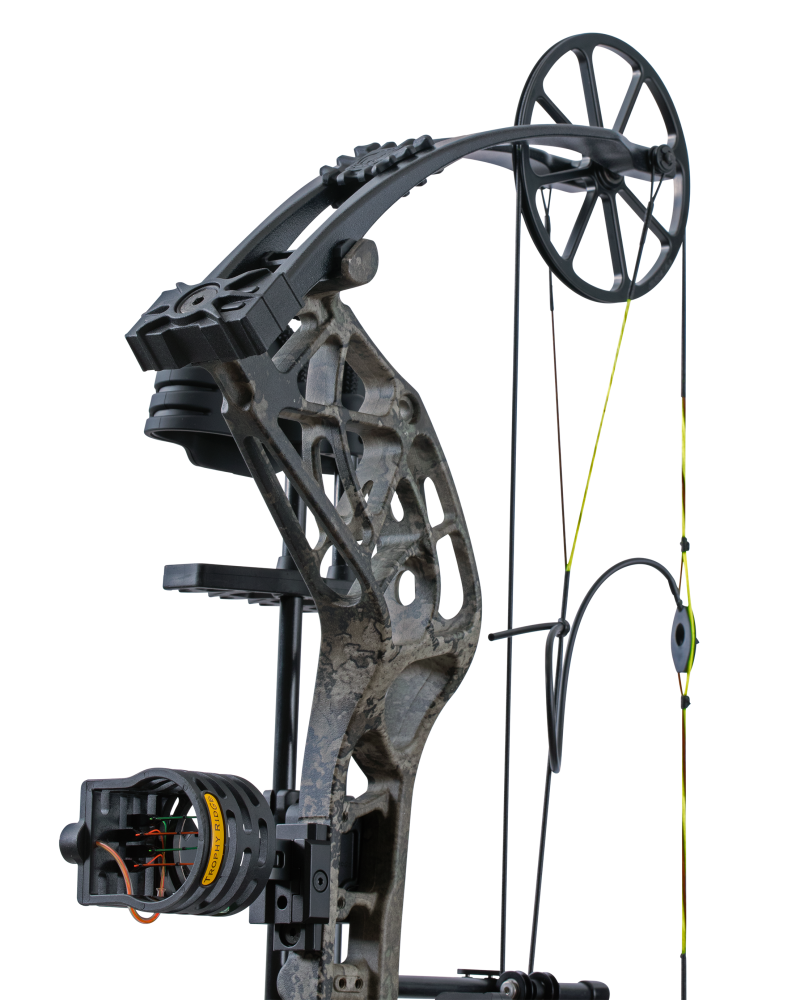 Close up of the Bear Adapt 2 RTH hunting bow limbs and single cam system.