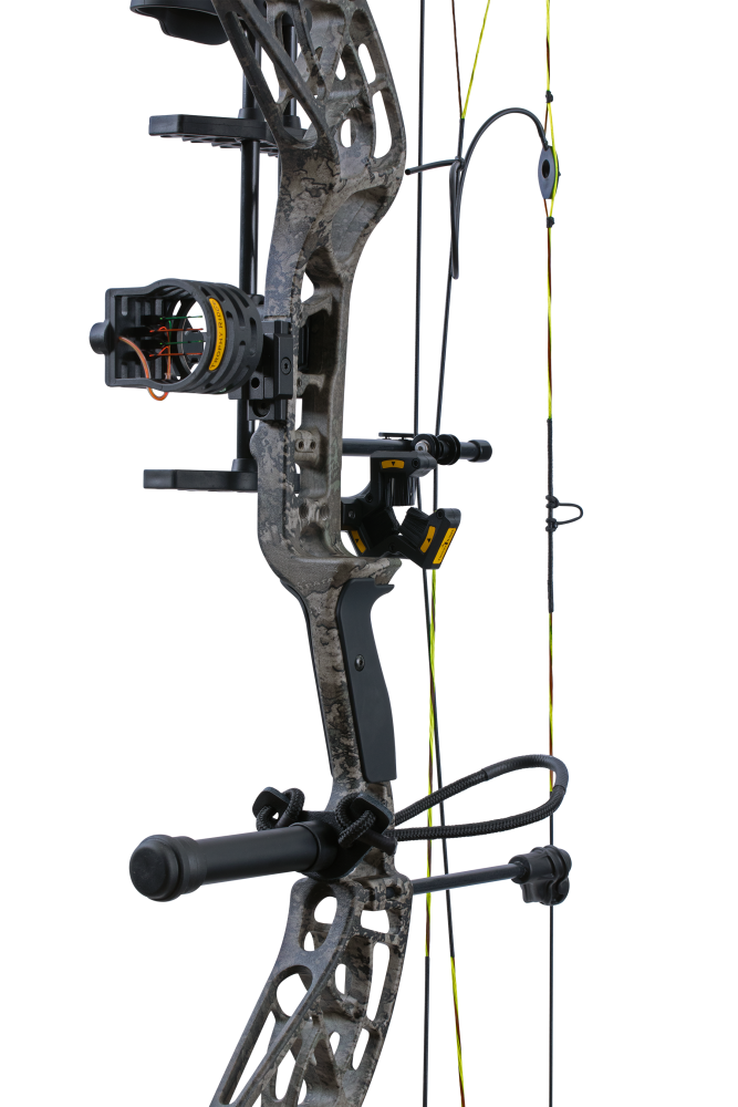 Close up of the Bear Adapt 2 RTH hunting bow riser in color True Timber Strata featuring Trophy Ridge ready-to-hunt accessories.