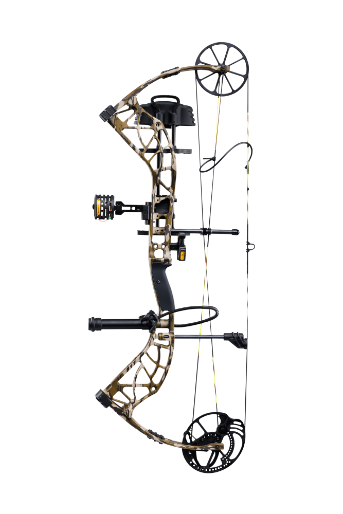 Side view showcasing Bear Adapt 2 RTH hunting bow in color Mossy Oak Bottomland with Trophy Ridge ready-to-hunt accessories. 