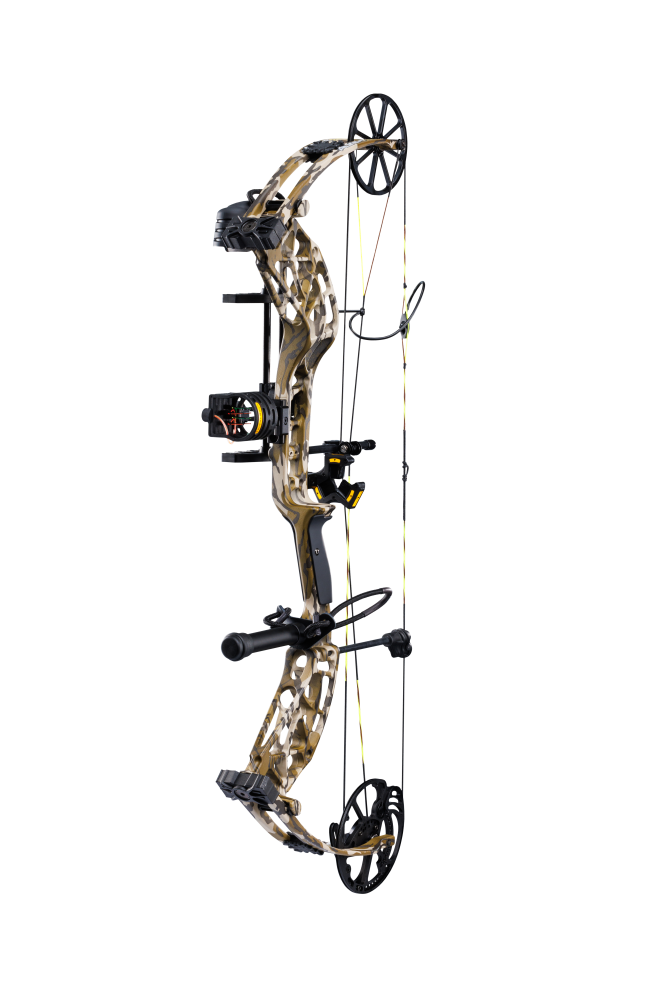 Side view showcasing Bear Adapt 2 RTH single cam bow in color Mossy Oak Bottomland.