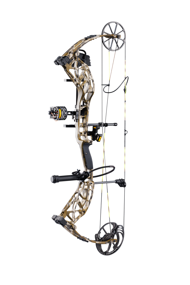 Side view showcasing Bear Adapt 2 RTH hunting bow in color Mossy Oak Bottomland with Trophy Ridge ready-to-hunt accessories. 