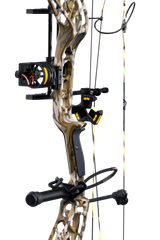 Close up of the Bear Adapt 2 RTH hunting bow riser in color Mossy Oak Bottomland featuring Trophy Ridge ready-to-hunt accessories.