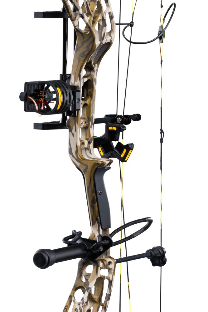 Close up of the Bear Adapt 2 RTH hunting bow riser in color Mossy Oak Bottomland featuring Trophy Ridge ready-to-hunt accessories.