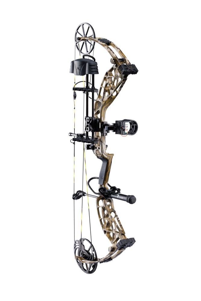 Side view showcasing Bear Adapt 2 RTH hunting bow in color Mossy Oak Bottomland with Trophy Ridge ready-to-hunt accessories. 