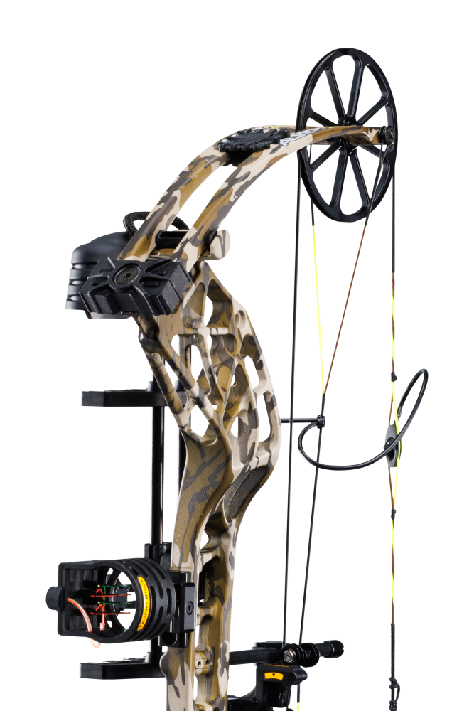 Close up of the Bear Adapt 2 RTH hunting bow limbs and single cam system.