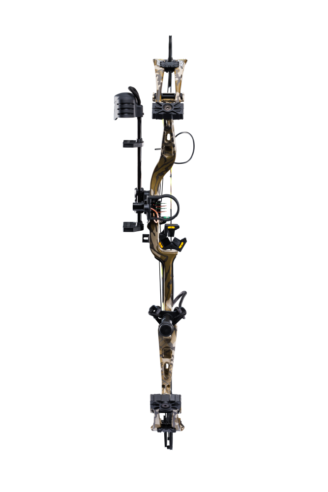 Front view of the Bear Adapt 2 RTH hunting bow with a 31” axel-to-axel and a sleek modern finish in color Mossy Oak Bottomland.