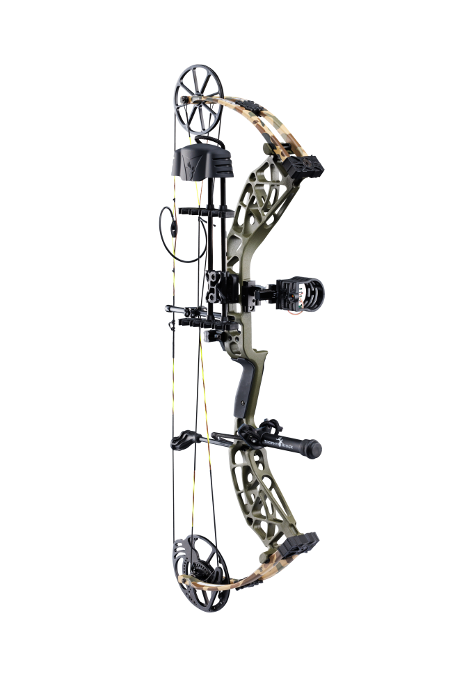 Side view showcasing Bear Adapt 2 RTH hunting bow in color Throwback Green with Trophy Ridge ready-to-hunt accessories. 