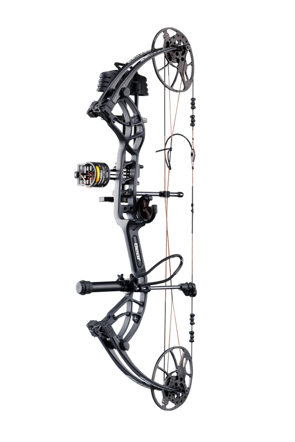 Bear Archery Cruzer G4 Compound Bow for bowhunting displayed against a transparent background, emphasizing its professional build quality, Shadow color option, and Trophy Ridge ready-to-hunt accessories.