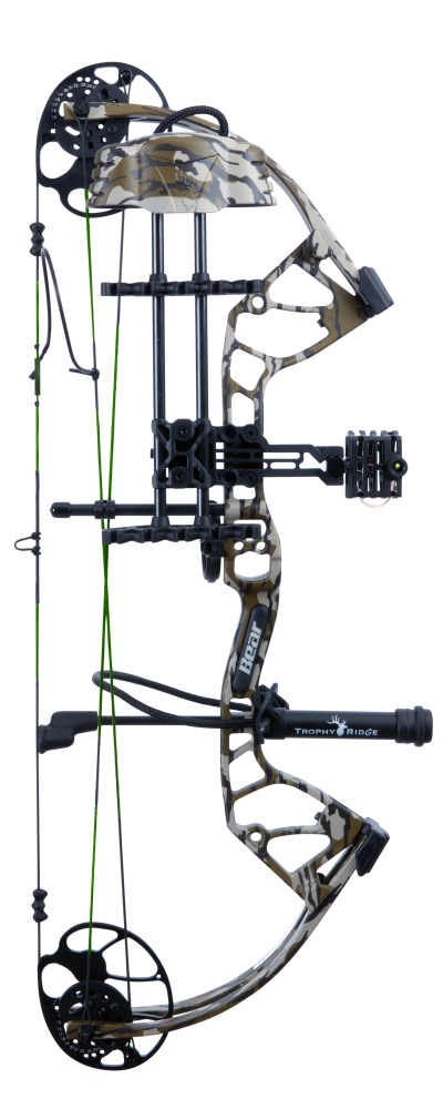 Mossy Oak Bottomland colored Bear Archery Gamekeeper JR RTH youth bow for hunting with a stable 27-inch axle-to-axle length comes ready-to-hunt. 