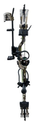 Front view of the Bear Archery Gamekeeper JR RTH youth bow for hunting with a 27” axel-to-axel and a sleek modern finish in color Mossy Oak Bottomland. 