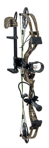 Mossy Oak Bottomland colored Bear Archery Gamekeeper JR RTH youth bow for hunting with a stable 27-inch axle-to-axle length comes ready-to-hunt.