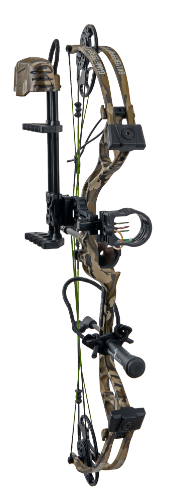 Mossy Oak Bottomland colored Bear Archery Gamekeeper JR RTH youth bow for hunting with a stable 27-inch axle-to-axle length comes ready-to-hunt.