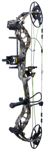 Side view of Bear Gamekeeper RTH adjustable compound bow with 80% let off, highlighting Mossy Oak Bottomland color. 