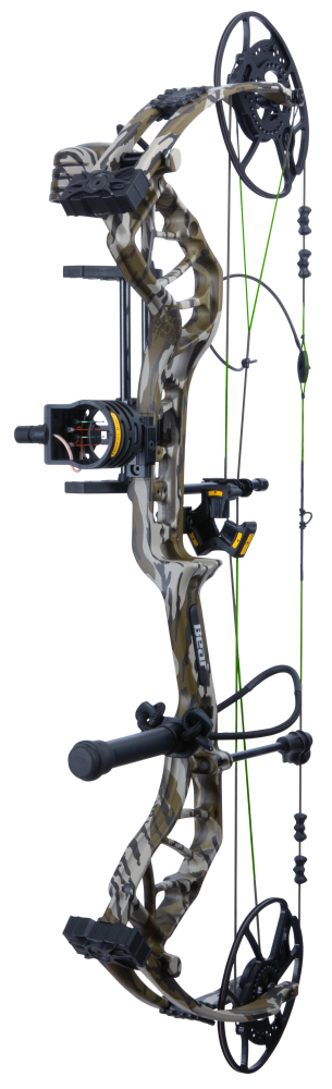 Side view of Bear Gamekeeper RTH adjustable compound bow with 80% let off, highlighting Mossy Oak Bottomland color. 