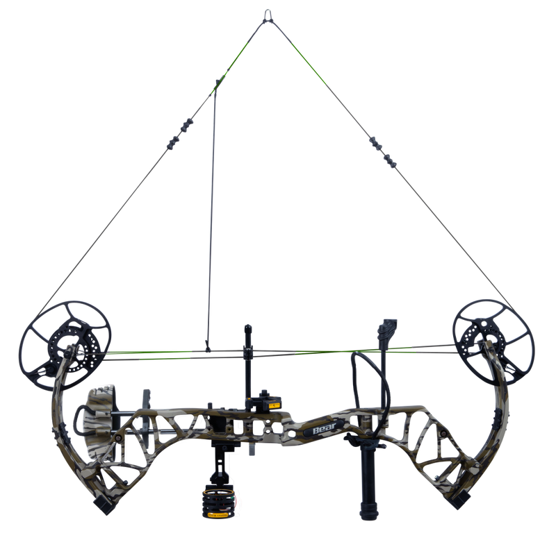 Bear Gamekeeper RTH Adjustable compound Bow in color Mossy Oak Bottomland aiming left showcasing it's 27"-32" draw length.