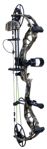 Side view of Bear Gamekeeper RTH compound bow in color Mossy Oak Bottomland displayed on a transparent background. 