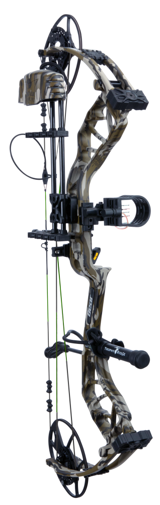 Side view of Bear Gamekeeper RTH compound bow in color Mossy Oak Bottomland displayed on a transparent background. 