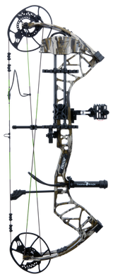 Side view of the Bear Archery Gamekeeper RTH adjustable Compound Bow in color Mossy Oak Bottomland highlighting its Trophy Ridge Ready-To-Hunt package, featuring a V-Biscuit rest, premium Fatal 4 sight, 5 Spot arrow quiver, Snubnose stabilizer, Radical peep sight, and wrist sling.