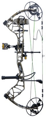 Bear Archery Gamekeeper RTH Compound Bow for bowhunting displayed against a transparent background, emphasizing its professional build quality, Mossy Oak Bottomland color option, and Trophy Ridge ready-to-hunt accessories.