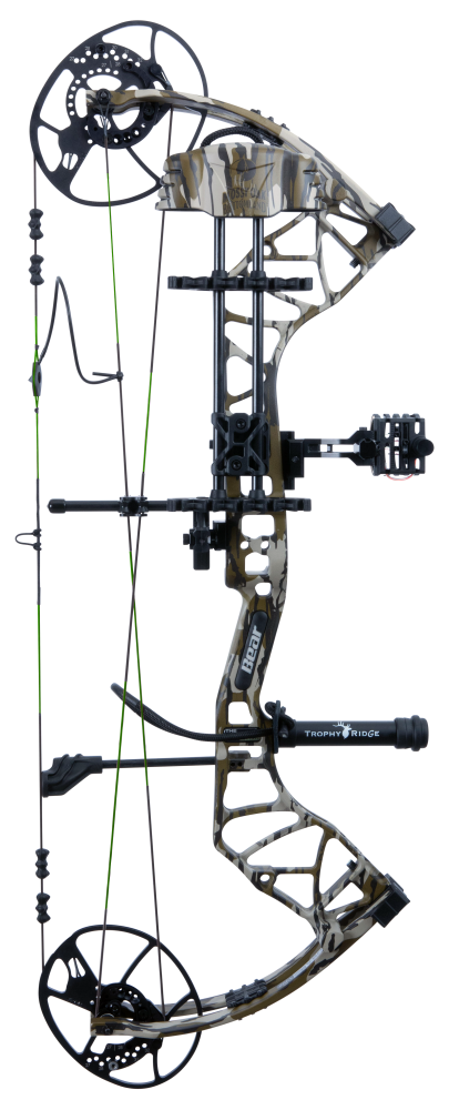 Side view of the Bear Archery Gamekeeper RTH adjustable Compound Bow in color Mossy Oak Bottomland highlighting its Trophy Ridge Ready-To-Hunt package, featuring a V-Biscuit rest, premium Fatal 4 sight, 5 Spot arrow quiver, Snubnose stabilizer, Radical peep sight, and wrist sling.