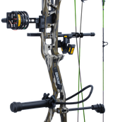 Close up of Bear Gamekeeper RTH compound bow in color Mossy Oak Bottomland highlighting Trophy Ridge accessories including a V-Biscuit rest, premium 4 pin sight, stabilizer, Radial peep sight, and wrist sling.