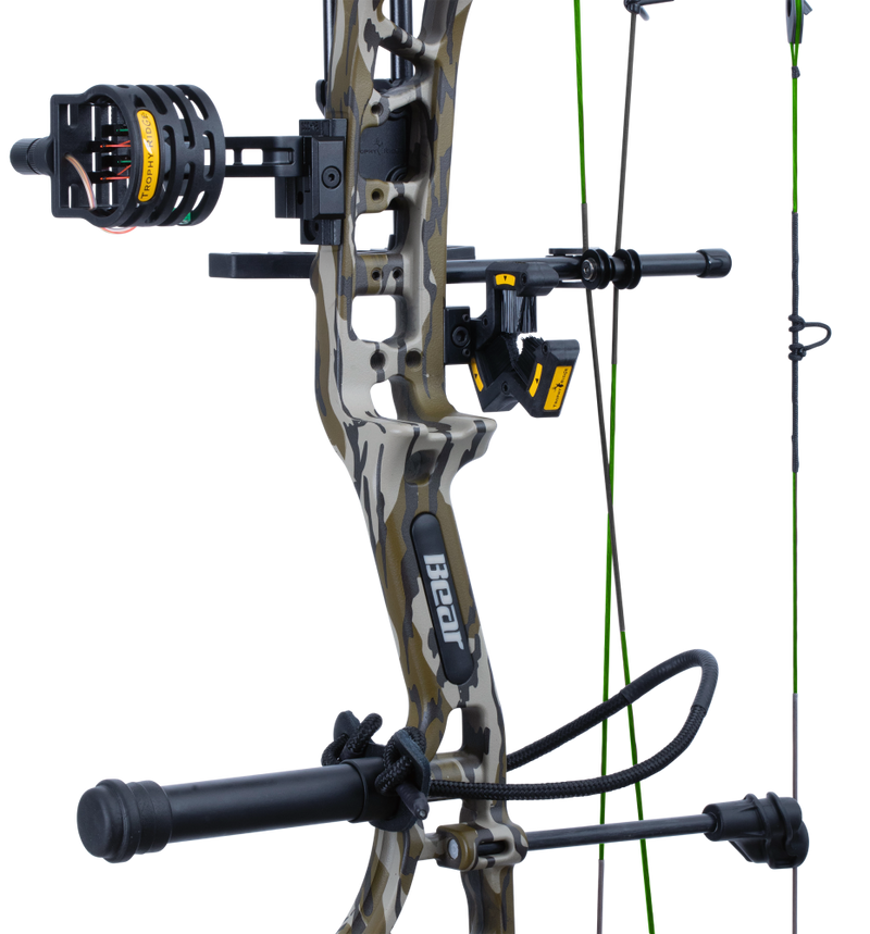 Close up of Bear Gamekeeper RTH compound bow in color Mossy Oak Bottomland highlighting Trophy Ridge accessories including a V-Biscuit rest, premium 4 pin sight, stabilizer, Radial peep sight, and wrist sling.