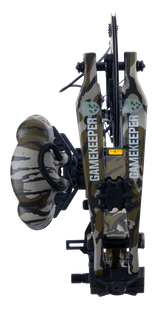 Bear Gamekeeper RTH logo on compound bow limbs in Mossy Oak Bottomland color.